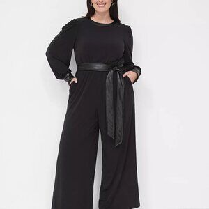 NWT Lane Bryant Petite Plus 22/24 Wide Leg Jumpsuit Faux Leather Belt Black